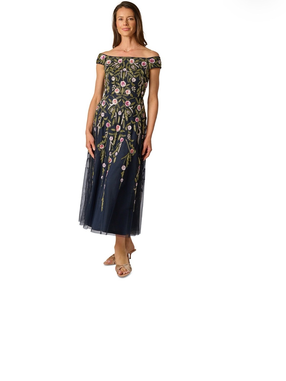 Adrianna Papell Navy Off-Shoulder Midi Dress with Pink Floral Embroidery